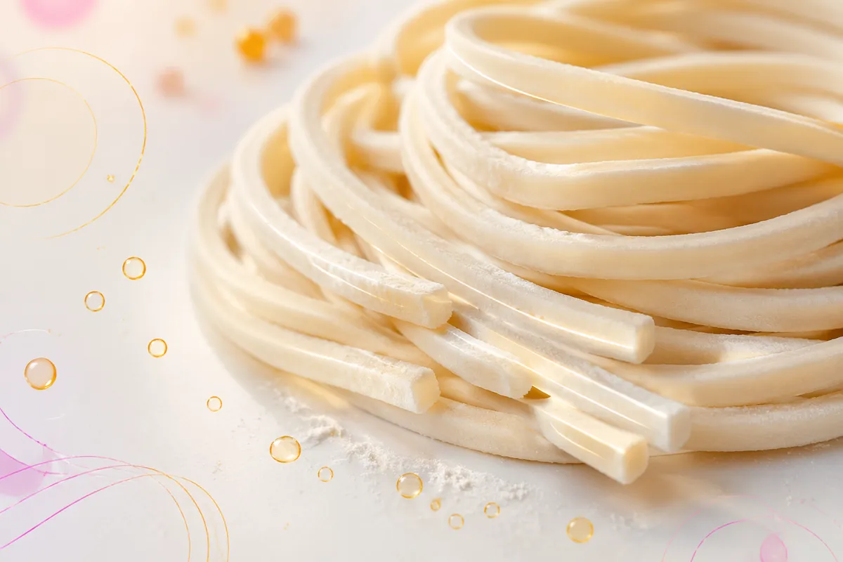 Coil of fresh wheat noodles dusted with flour, a dough product where lipase is trialled for sheeting, cutting and strand quality